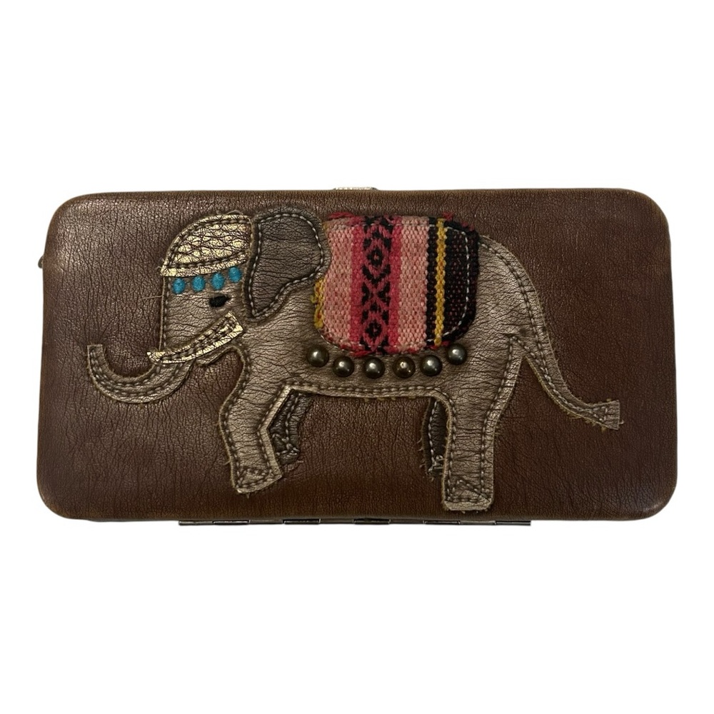 Vintage Women’s Slim Bi Fold Wallet With Elephant Embroidery Push Metal Lock
